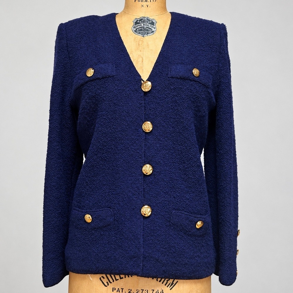 Vintage Adolfo Saks Fifth Avenue Wool Lady Jacket Navy Gold Buttons USA